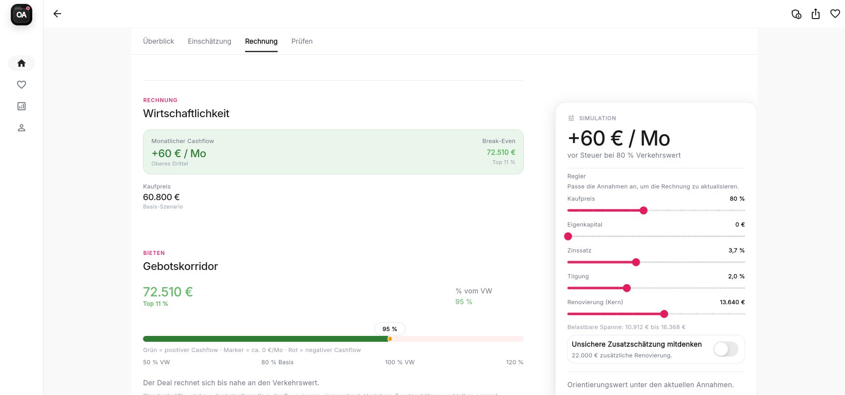 Cashflow-Berechnung mit interaktiven Slidern — Kaufpreis, Zinssatz, Tilgung anpassen
