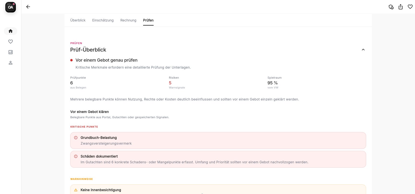 Prüfen-Tab mit Risiko-Flags — Kritische Punkte, Warnhinweise und entlastende Signale